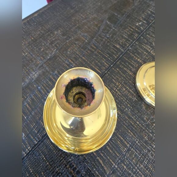 2 Polished Brass Elegant Gold Taper Candlestick Holders Sz 4.5' & 5' Short - Picture 8 of 12